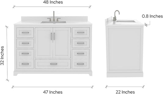 Ayna Decors Maya 48 Inch White Bathroom Vanity with Sink and Quartz Countertop, 3 Pre-Drilled Faucet Holes, 2 Soft Closing Doors, and 7 Full Extension Drawers, Brushed Nickel Hardware