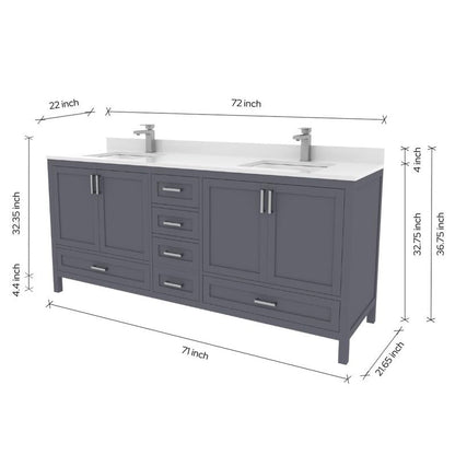 Ayna Decors Rooh 72 Inch Charcoal Grey Bathroom Vanity with Sink, Quartz Countertop, 4 Soft Closing Doors and 5 Full Extension Drawers, Brushed Nickel Hardware