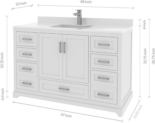 Ayna Decors Maya 48 Inch White Bathroom Vanity with Sink, Quartz Countertop, 2 Soft Closing Doors, and 7 Full Extension Drawers, Brushed Nickel Hardware