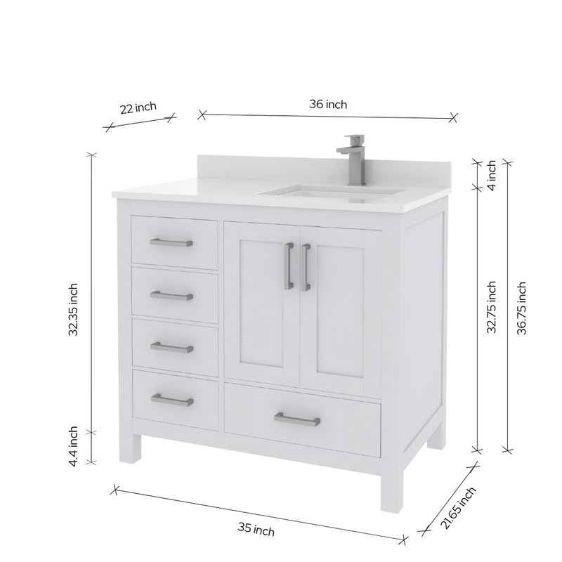 Ayna Decors Rooh 36 Inch White Bathroom Vanity with Sink, Quartz Countertop, 2 Soft Closing Doors, and 4 Full Extension Drawers, Brushed Nickel Hardware