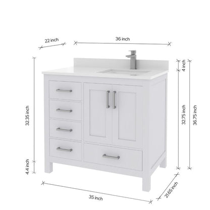 Ayna Decors Rooh 36 Inch White Bathroom Vanity with Sink, Quartz Countertop, 2 Soft Closing Doors, and 4 Full Extension Drawers, Brushed Nickel Hardware