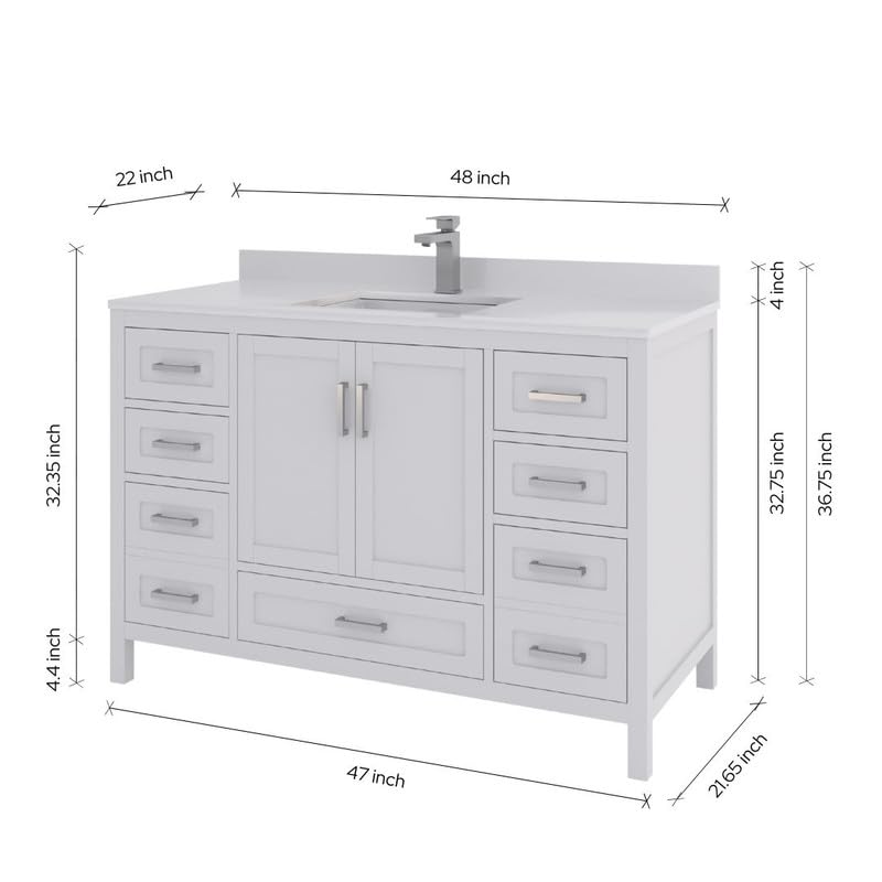 Ayna Decors Rooh 48 Inch White Bathroom Vanity with Sink, Quartz Countertop, 2 Soft Closing Doors, and 7 Full Extension Drawers, Brushed Nickel Hardware
