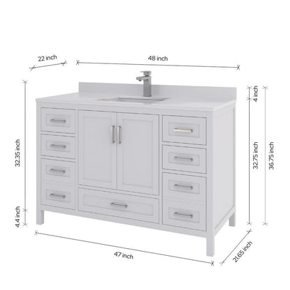 Ayna Decors Rooh 48 Inch White Bathroom Vanity with Sink, Quartz Countertop, 2 Soft Closing Doors, and 7 Full Extension Drawers, Brushed Nickel Hardware