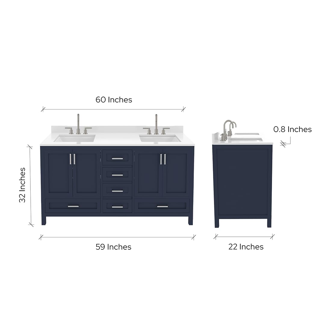 Ayna Decors Rooh 60 Inch Navy Blue Bathroom Vanity with Three Faucet Holes Quartz Countertop, 4 Soft Closing Doors and 5 Full Extension Drawers, Brushed Nickel Hardware