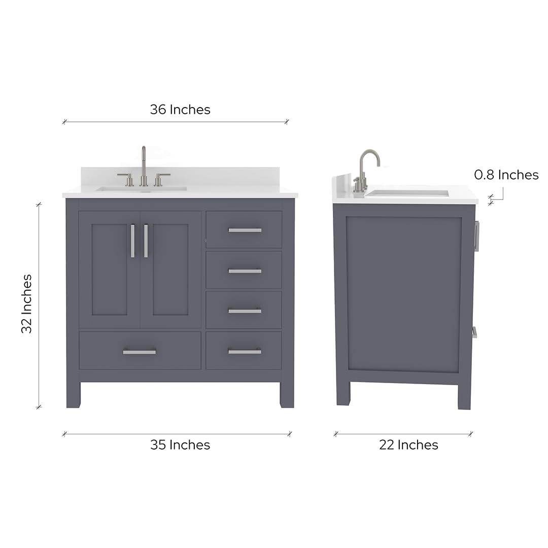 Ayna Decors Rooh 36 in. Left Charcoal Grey Bathroom Vanity with Sink, Three Faucet Holes Quartz Top, 2 Soft Closing Doors, and 4 Full Extension Drawers, Brushed Nickel Hardware