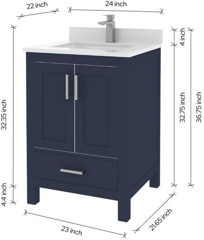 Ayna Decors Rooh 30 Inch Navy Blue Bathroom Vanity with Sink, Quartz Countertop, 2 Soft Closing Doors and 1 Full Extension Drawer, Brushed Nickel Hardware