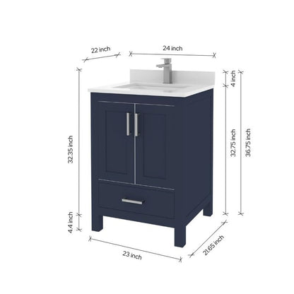 Ayna Decors Rooh 24 Inch Navy Blue Bathroom Vanity with Sink, Quartz Countertop, 2 Soft Closing Doors and 1 Full Extension Drawer, Brushed Nickel Hardware