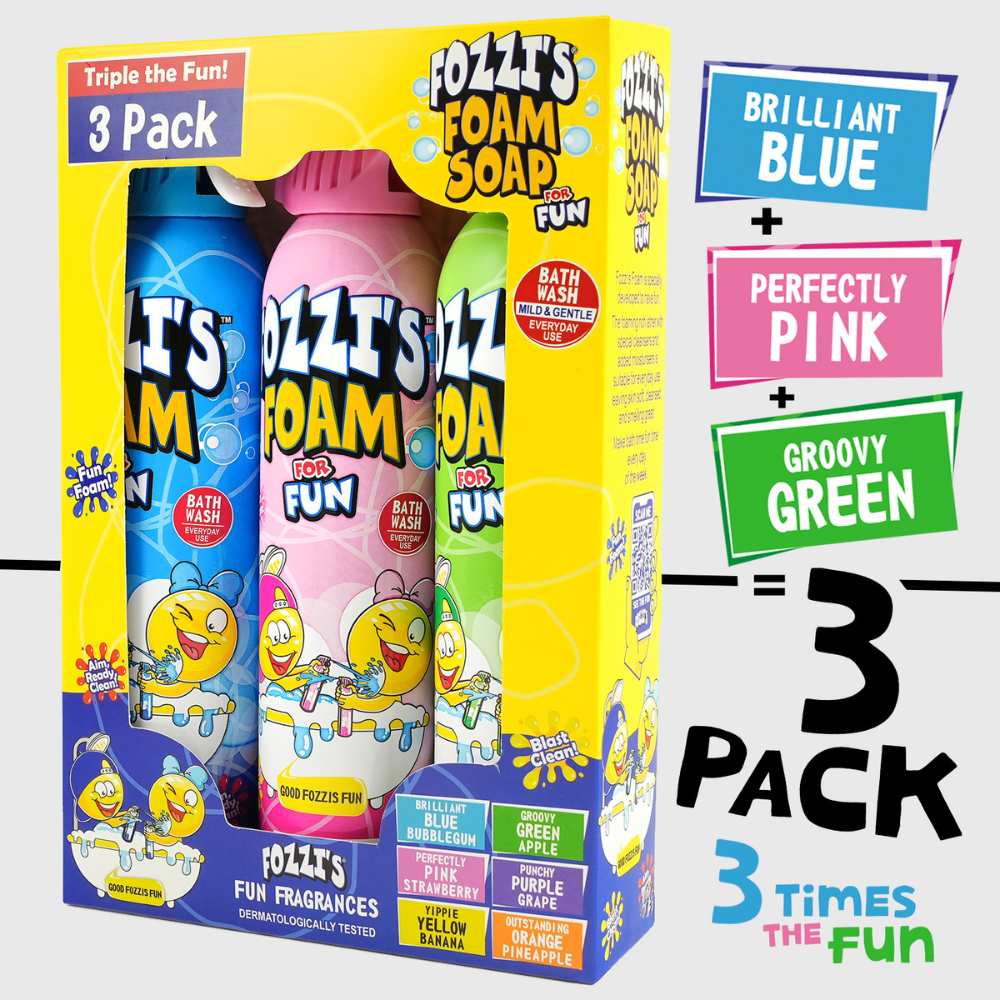 Fozzi’s Foam Soap 3-Pack – Brilliant Blue, Groovy Green & Perfectly Pink – 340ml Each | Fun, Safe & Easy-Clean Bath Foam for Kids