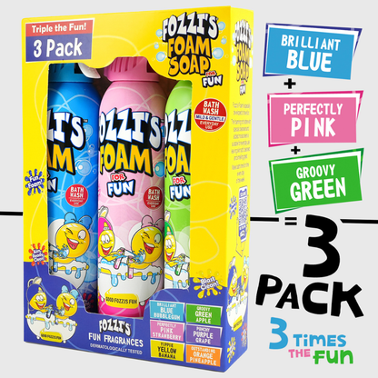 Fozzi’s Foam Soap 3-Pack – Brilliant Blue, Groovy Green & Perfectly Pink – 340ml Each | Fun, Safe & Easy-Clean Bath Foam for Kids