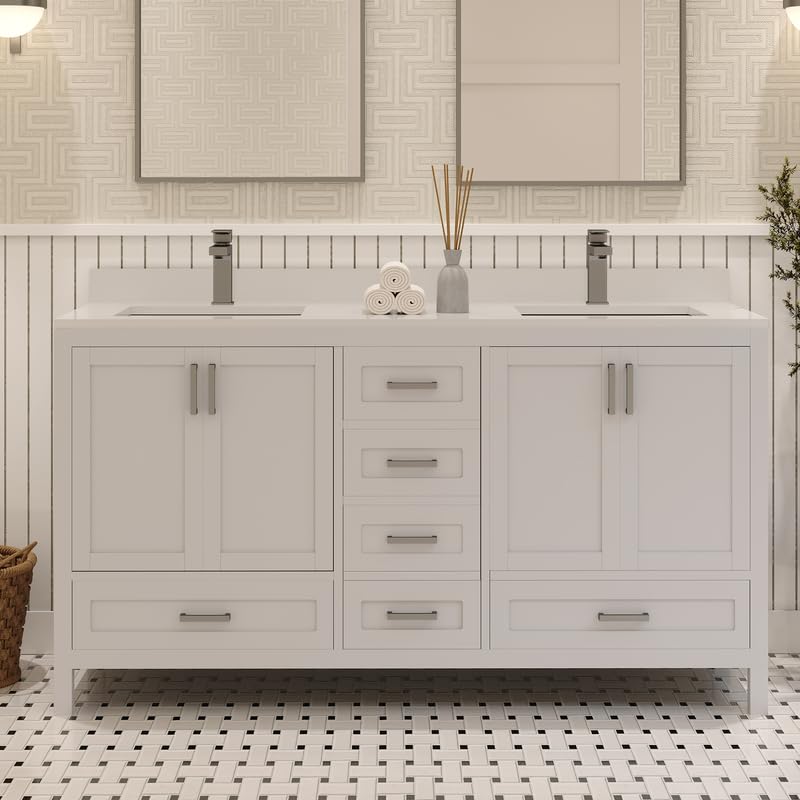 Ayna Decors Rooh 60 Inch White Bathroom Vanity with Sink, Quartz Countertop, 4 Soft Closing Doors and 5 Full Extension Drawers, Brushed Nickel Hardware