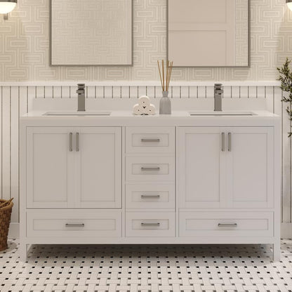 Ayna Decors Rooh 60 Inch White Bathroom Vanity with Sink, Quartz Countertop, 4 Soft Closing Doors and 5 Full Extension Drawers, Brushed Nickel Hardware