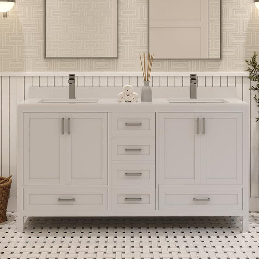 Ayna Decors Rooh 60 Inch White Bathroom Vanity with Sink, Quartz Countertop, 4 Soft Closing Doors and 5 Full Extension Drawers, Brushed Nickel Hardware