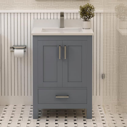 Ayna Decors Rooh 24 Inch Charcoal Grey Bathroom Vanity with Sink, Quartz Countertop, 2 Soft Closing Doors and 1 Full Extension Drawer, Brushed Nickel Hardware