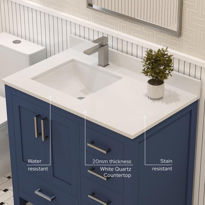 Ayna Decors Rooh 36 Inch Navy Blue Bathroom Vanity with Sink, Quartz Countertop, 2 Soft Closing Doors, and 4 Full Extension Drawers, Brushed Nickel Hardware
