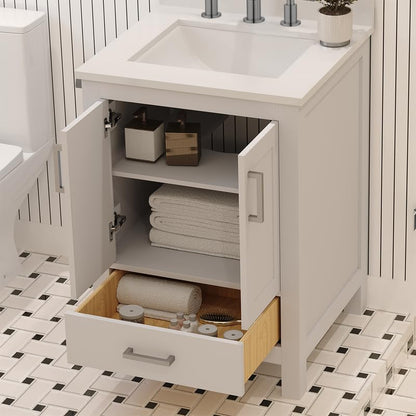 Ayna Decors Rooh 24" Solid Wood Bathroom Vanity with Sink – White, 3 Pre-Drilled Faucet Holes, 2 Soft-Close Doors, 1 Full-Extension Drawer, Brushed Nickel Handles