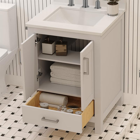Ayna Decors Rooh 24" Solid Wood Bathroom Vanity with Sink – White, 3 Pre-Drilled Faucet Holes, 2 Soft-Close Doors, 1 Full-Extension Drawer, Brushed Nickel Handles