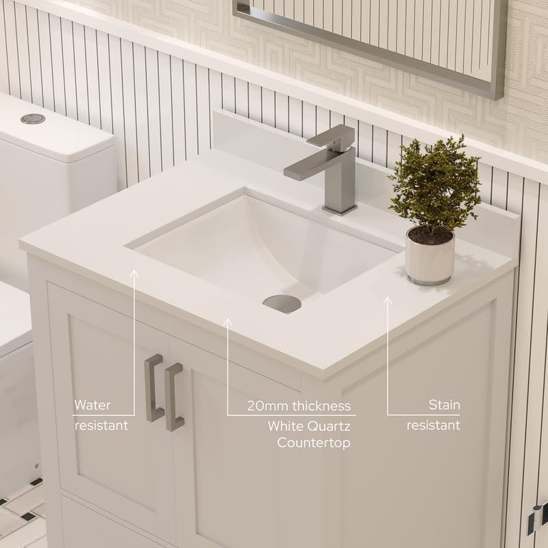 Ayna Decors Rooh 30 Inch White Bathroom Vanity with Sink, Quartz Countertop, 2 Soft Closing Doors and 1 Full Extension Drawer Brushed Nickel Hardware