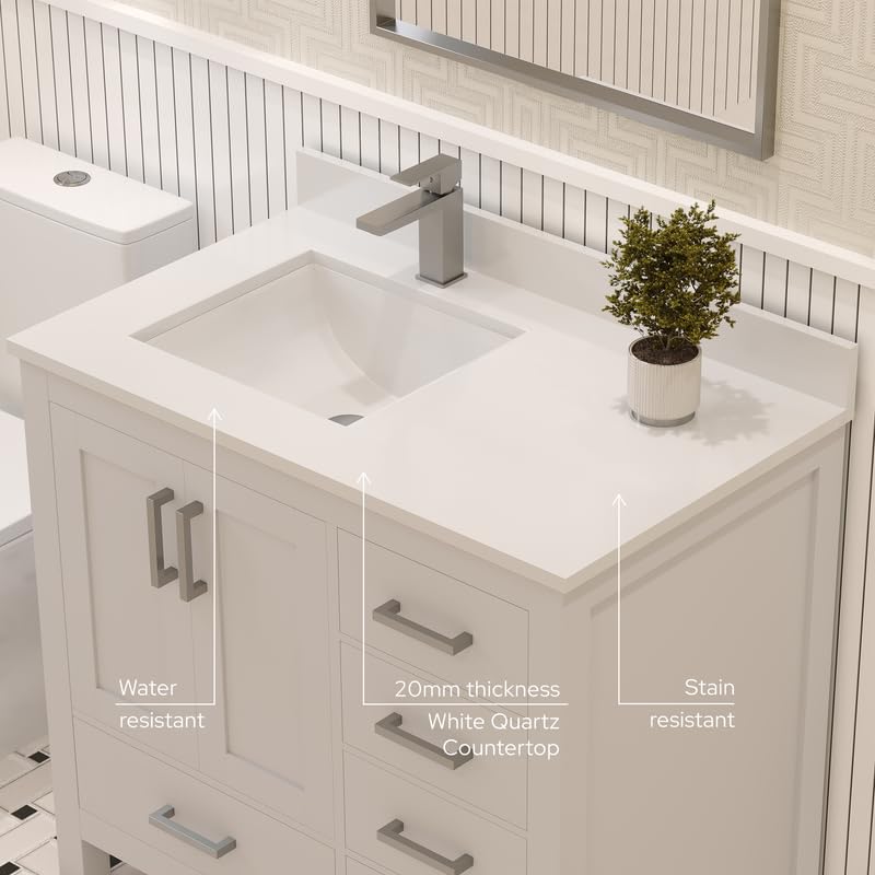 Ayna Decors Rooh 36 Inch White Bathroom Vanity with Sink, Quartz Countertop, 2 Soft Closing Doors, and 4 Full Extension Drawers, Brushed Nickel Hardware