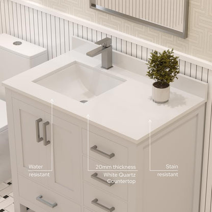 Ayna Decors Rooh 36 Inch White Bathroom Vanity with Sink, Quartz Countertop, 2 Soft Closing Doors, and 4 Full Extension Drawers, Brushed Nickel Hardware