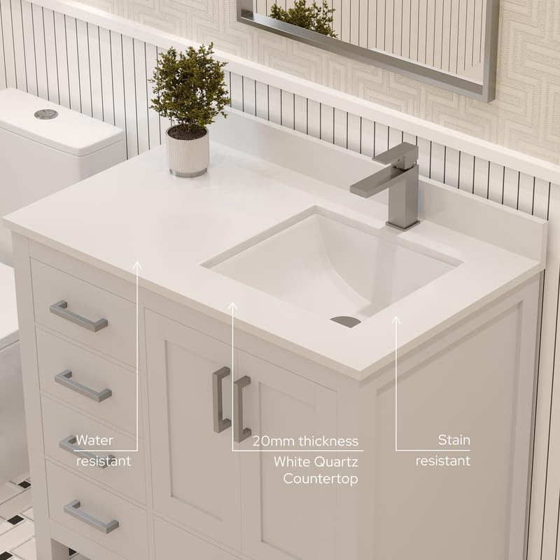 Ayna Decors Rooh 36 Inch White Bathroom Vanity with Sink, Quartz Countertop, 2 Soft Closing Doors, and 4 Full Extension Drawers, Brushed Nickel Hardware