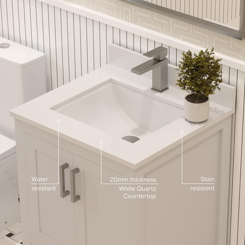 Ayna Decors Rooh 24 Inch White Bathroom Vanity with Sink, Quartz Countertop, 2 Soft Closing Doors and 1 Full Extension Drawer, Brushed Nickel Hardware