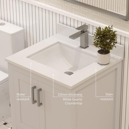 Ayna Decors Rooh 24 Inch White Bathroom Vanity with Sink, Quartz Countertop, 2 Soft Closing Doors and 1 Full Extension Drawer, Brushed Nickel Hardware