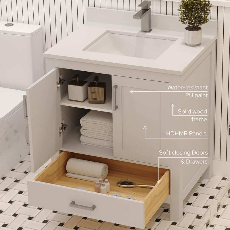 Ayna Decors Rooh 30 Inch White Bathroom Vanity with Sink, Quartz Countertop, 2 Soft Closing Doors and 1 Full Extension Drawer Brushed Nickel Hardware