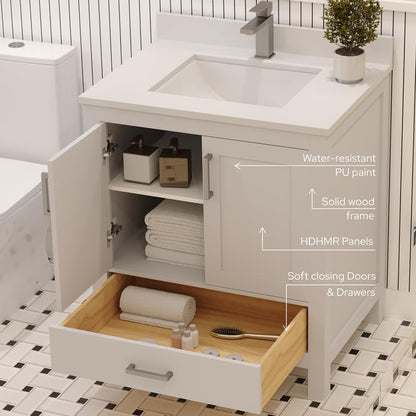 Ayna Decors Rooh 30 Inch White Bathroom Vanity with Sink, Quartz Countertop, 2 Soft Closing Doors and 1 Full Extension Drawer Brushed Nickel Hardware