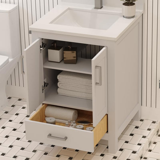 Ayna Decors Rooh 24 Inch White Bathroom Vanity with Sink, Quartz Countertop, 2 Soft Closing Doors and 1 Full Extension Drawer, Brushed Nickel Hardware
