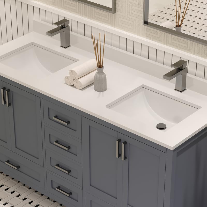 Ayna Decors Rooh 60 Inch Charcoal Grey Bathroom Vanity with Sink, Quartz Countertop, 4 Soft Closing Doors and 5 Full Extension Drawers, Brushed Nickel Hardware