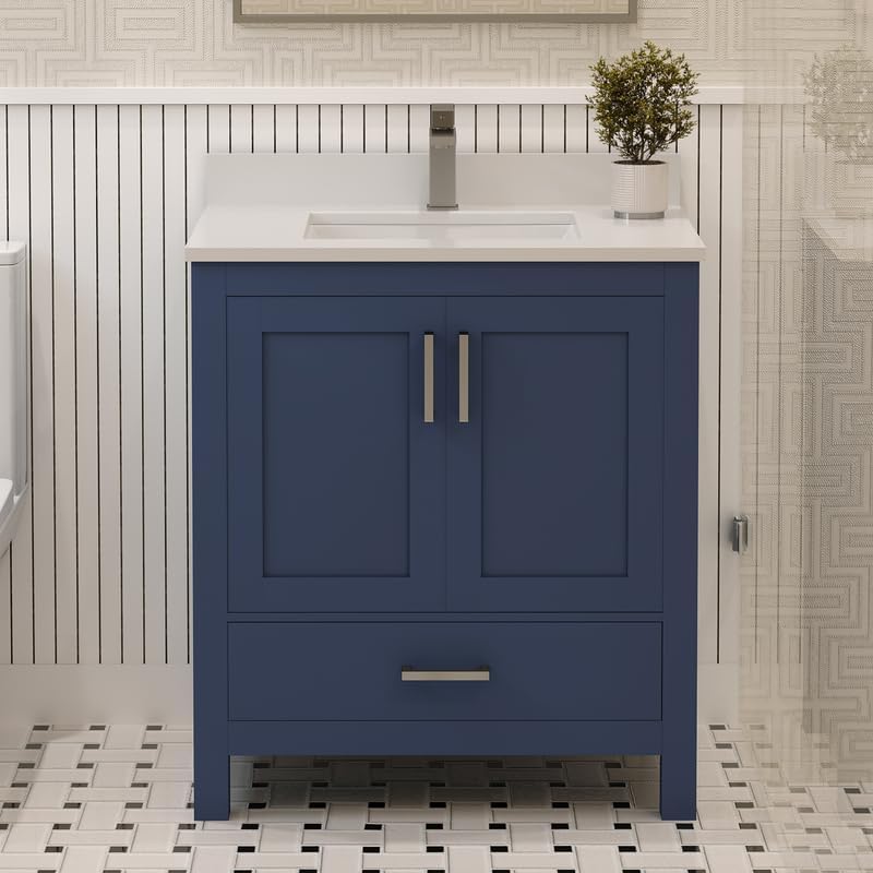 Ayna Decors Rooh 30 Inch Navy Blue Bathroom Vanity with Sink, Quartz Countertop, 2 Soft Closing Doors and 1 Full Extension Drawer, Brushed Nickel Hardware