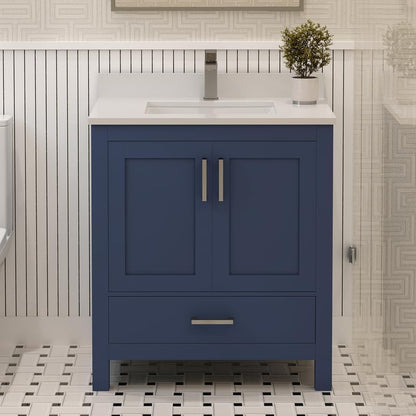 Ayna Decors Rooh 30 Inch Navy Blue Bathroom Vanity with Sink, Quartz Countertop, 2 Soft Closing Doors and 1 Full Extension Drawer, Brushed Nickel Hardware