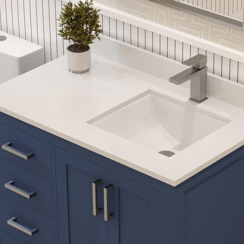 Ayna Decors Rooh 36 Inch Navy Blue Bathroom Vanity with Sink, Quartz Countertop, 2 Soft Closing Doors, and 4 Full Extension Drawers, Brushed Nickel Hardware