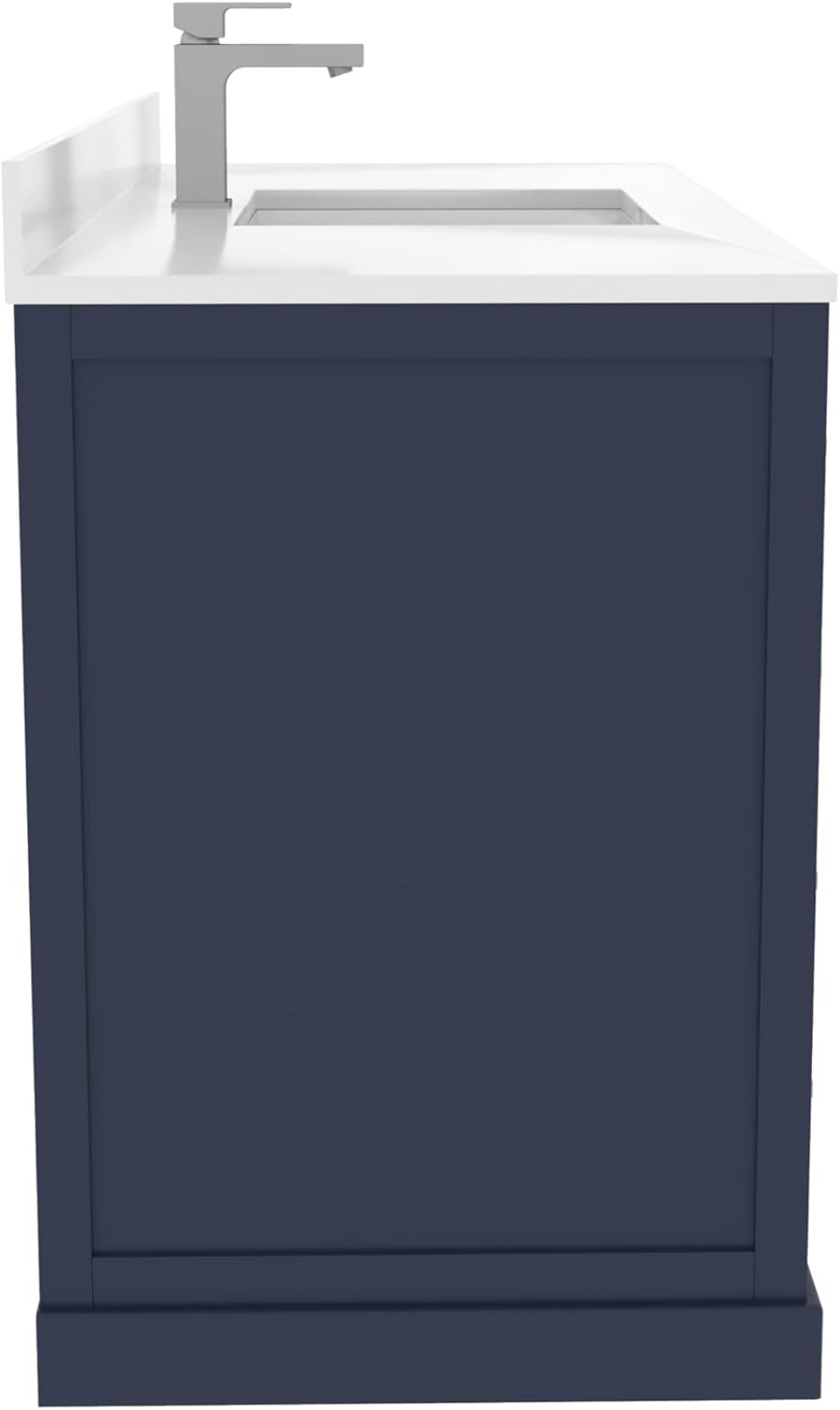 Ayna Decors Maya 48 Inch Navy Blue Bathroom Vanity with Sink, Quartz Countertop, 2 Soft Closing Doors, and 7 Full Extension Drawers, Brushed Nickel Hardware