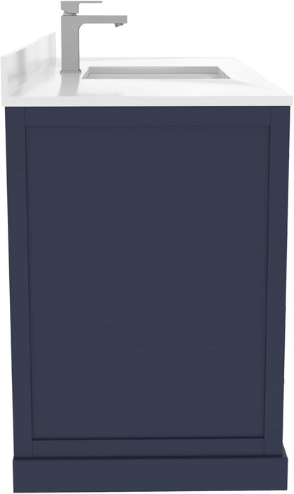 Ayna Decors Maya 48 Inch Navy Blue Bathroom Vanity with Sink, Quartz Countertop, 2 Soft Closing Doors, and 7 Full Extension Drawers, Brushed Nickel Hardware