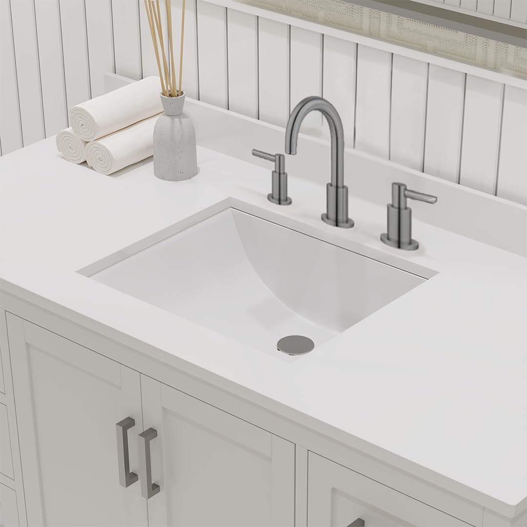 Ayna Decors Maya 48 Inch White Bathroom Vanity with Sink and Quartz Countertop, 3 Pre-Drilled Faucet Holes, 2 Soft Closing Doors, and 7 Full Extension Drawers, Brushed Nickel Hardware