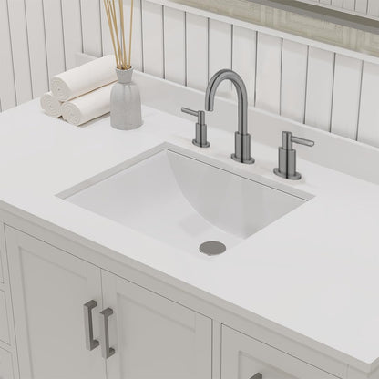 Ayna Decors Maya 48 Inch White Bathroom Vanity with Sink and Quartz Countertop, 3 Pre-Drilled Faucet Holes, 2 Soft Closing Doors, and 7 Full Extension Drawers, Brushed Nickel Hardware