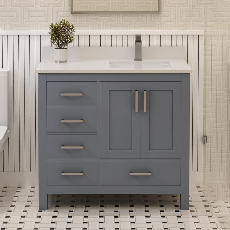 Ayna Decors Rooh 36 Inch Charcoal Grey Bathroom Vanity with Sink, Quartz Countertop, 2 Soft Closing Doors, and 4 Full Extension Drawers, Brushed Nickel Hardware