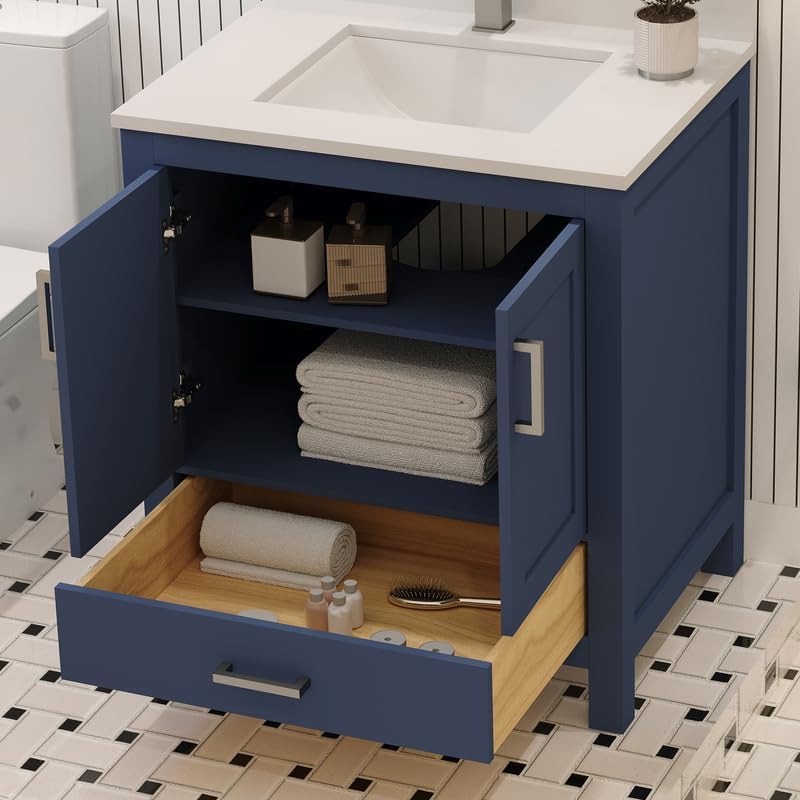 Ayna Decors Rooh 30 Inch Navy Blue Bathroom Vanity with Sink, Quartz Countertop, 2 Soft Closing Doors and 1 Full Extension Drawer, Brushed Nickel Hardware