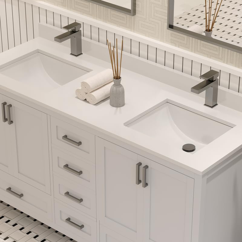Ayna Decors Rooh 60 Inch White Bathroom Vanity with Sink, Quartz Countertop, 4 Soft Closing Doors and 5 Full Extension Drawers, Brushed Nickel Hardware
