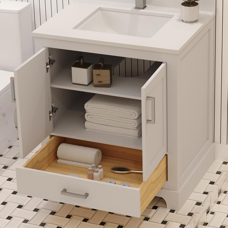 Ayna Decors Maya 30 Inch White Bathroom Vanity with Sink, Quartz Countertop, 2 Soft Closing Doors and 1 Full Extension Drawer, Brushed Nickel Hardware