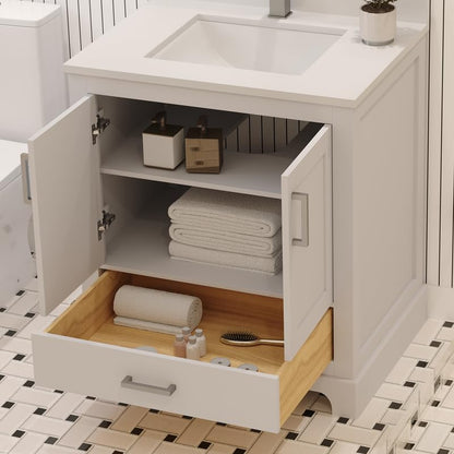 Ayna Decors Maya 30 Inch White Bathroom Vanity with Sink, Quartz Countertop, 2 Soft Closing Doors and 1 Full Extension Drawer, Brushed Nickel Hardware