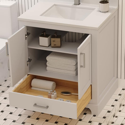 Ayna Decors Maya 30 Inch White Bathroom Vanity with Sink, Quartz Countertop, 2 Soft Closing Doors and 1 Full Extension Drawer, Brushed Nickel Hardware