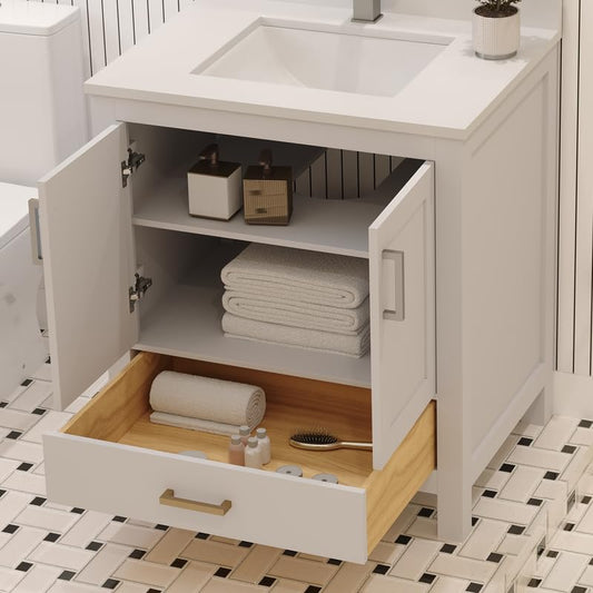 Ayna Decors Rooh 30 Inch White Bathroom Vanity with Sink, Quartz Countertop, 2 Soft Closing Doors and 1 Full Extension Drawer Brushed Nickel Hardware
