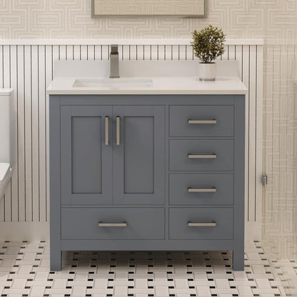 Ayna Decors Rooh 36 Inch Charcoal Grey Bathroom Vanity with Sink, Quartz Countertop, 2 Soft Closing Doors, and 4 Full Extension Drawers, Brushed Nickel Hardware