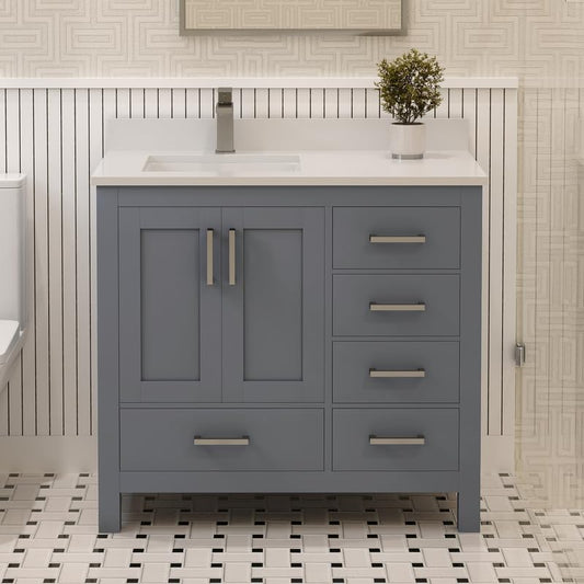 Ayna Decors Rooh 36 Inch Charcoal Grey Bathroom Vanity with Sink, Quartz Countertop, 2 Soft Closing Doors, and 4 Full Extension Drawers, Brushed Nickel Hardware
