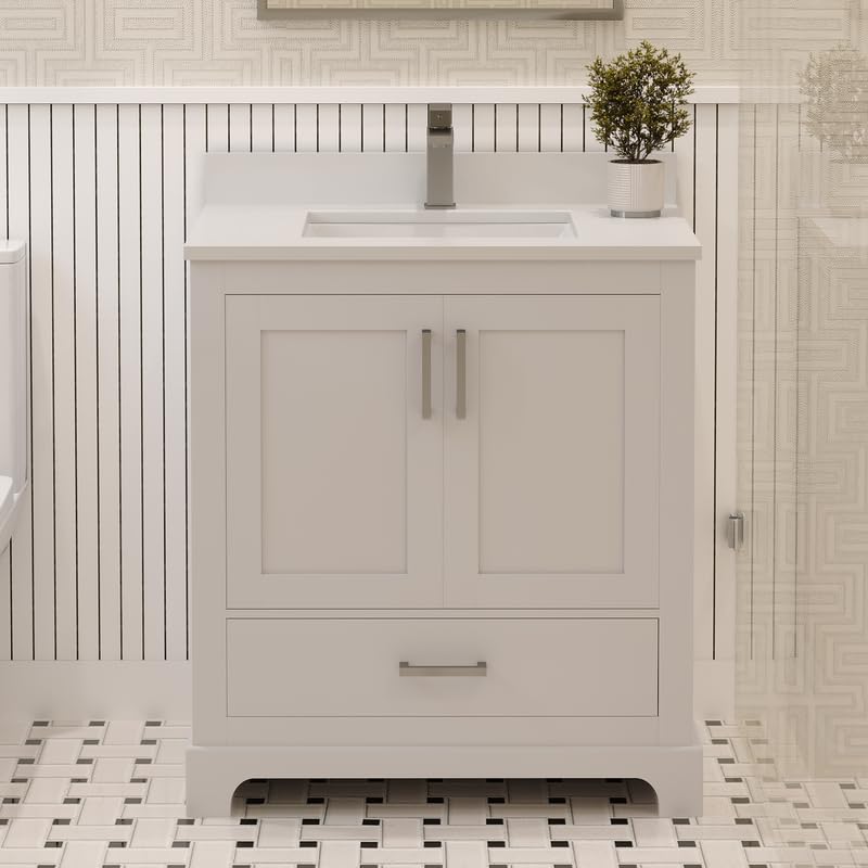 Ayna Decors Maya 30 Inch White Bathroom Vanity with Sink, Quartz Countertop, 2 Soft Closing Doors and 1 Full Extension Drawer, Brushed Nickel Hardware