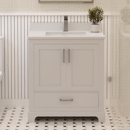 Ayna Decors Maya 30 Inch White Bathroom Vanity with Sink, Quartz Countertop, 2 Soft Closing Doors and 1 Full Extension Drawer, Brushed Nickel Hardware