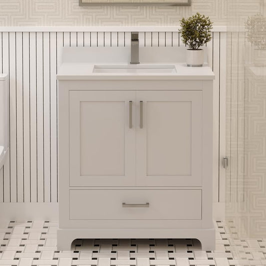 Ayna Decors Maya 30 Inch White Bathroom Vanity with Sink, Quartz Countertop, 2 Soft Closing Doors and 1 Full Extension Drawer, Brushed Nickel Hardware