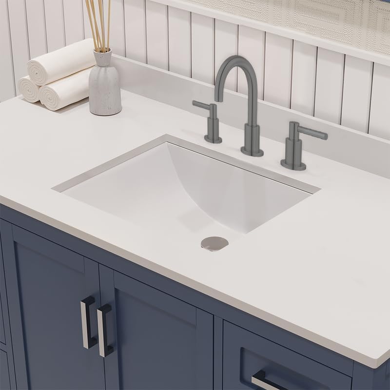 Ayna Decors Rooh 48 Inch Navy Blue Bathroom Vanity with Sink and Quartz Countertop, 3 Pre-Drilled Faucet Holes, 2 Soft Closing Doors, and 7 Full Extension Drawers, Brushed Nickel Hardware